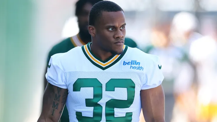 MarShawn Lloyd #32 of the Green Bay Packers walks to Ray Nitschke Field.