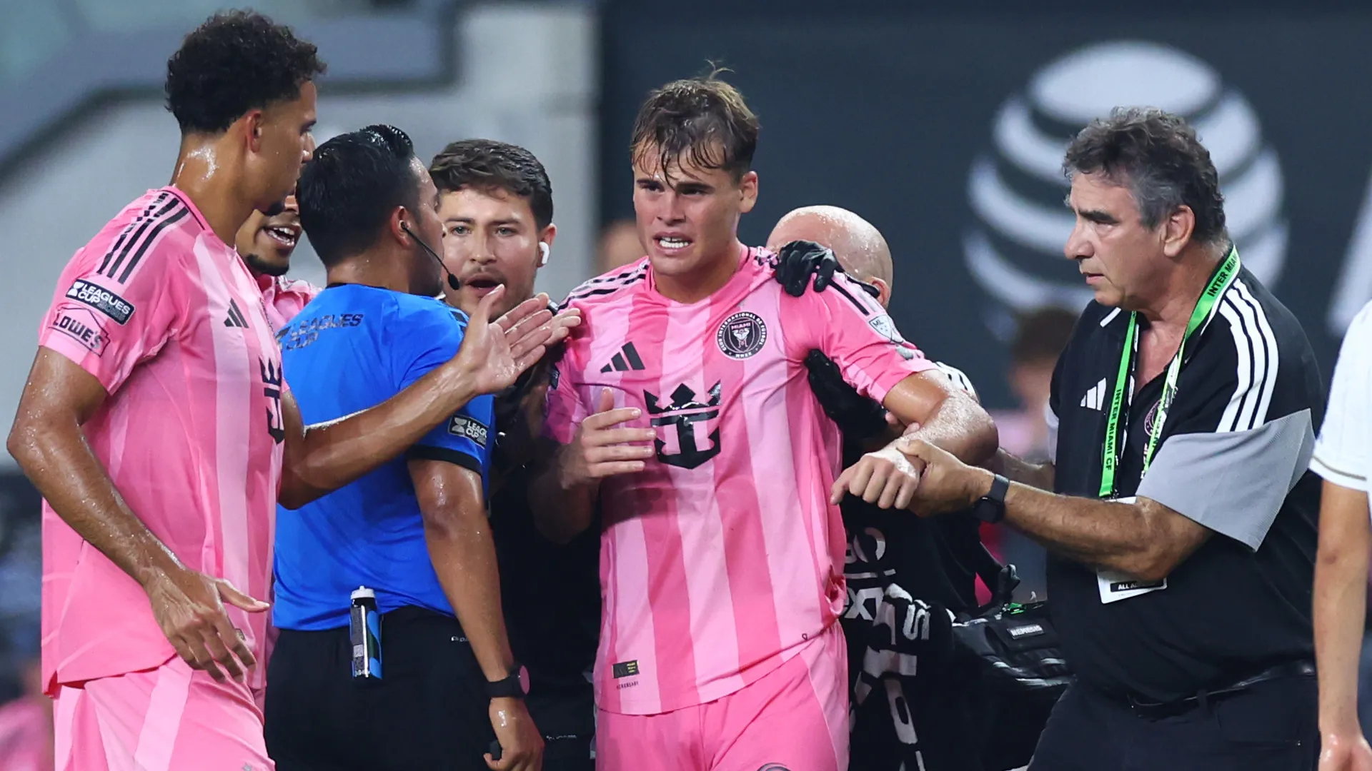 Mateo Silvetti of Inter Miami leaves the pitch after suffering an injury.