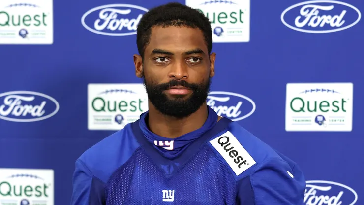 Darius Slayton #18 of the New York Giants speaks to media during training camp.