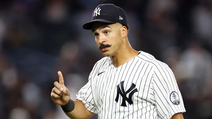 Trent Grisham #12 of the New York Yankees celebrates.