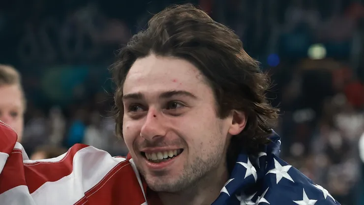 Quinn Hughes #43 of Team United States and the Minnesota Wild.