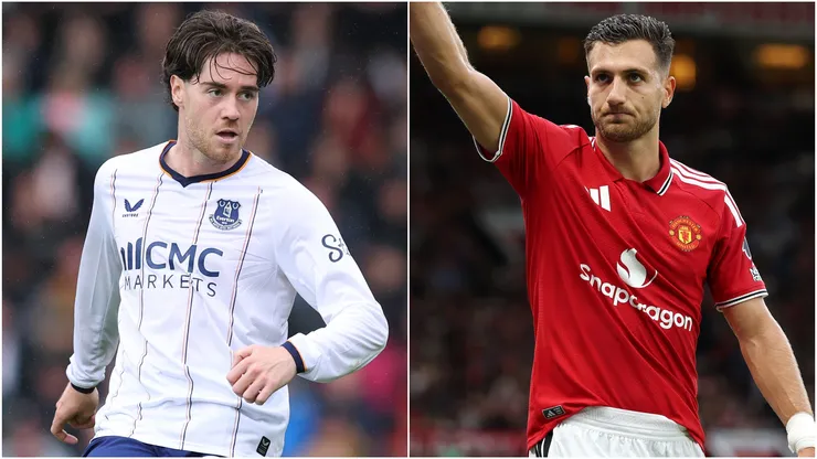 Hayden Hackney of Everton and Diogo Dalot of Manchester United