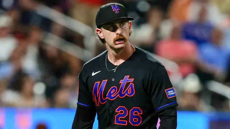 Nolan McLean #26 of the New York Mets reacts after throwing a strikeout.