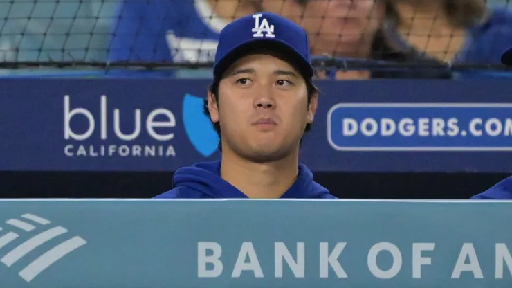 Shohei Ohtani #17 of the Los Angeles Dodgers looks on.