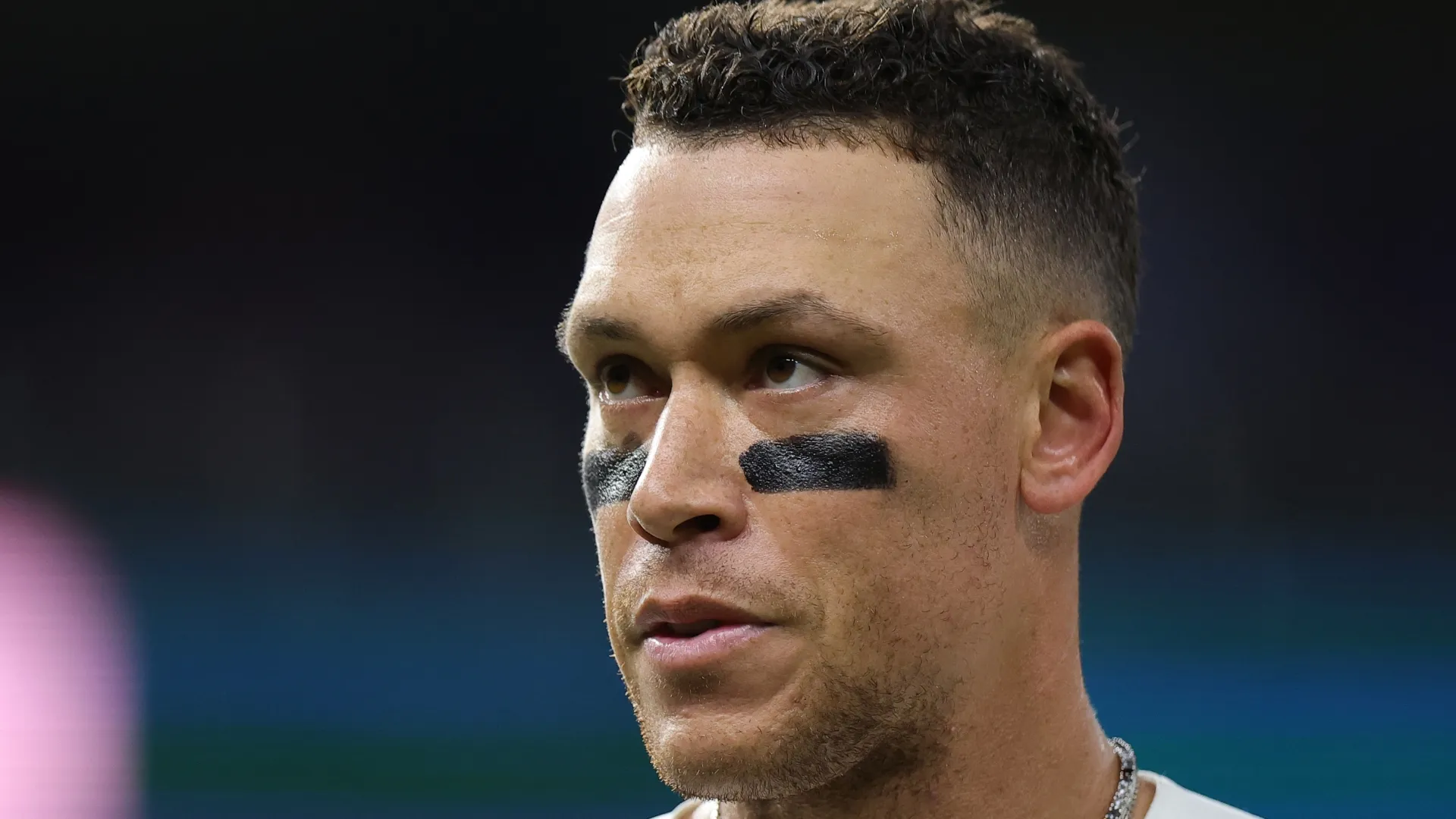 Aaron Judge #99 of Team United States looks on in the eighth inning against Team Great Britain during a 2026 World Baseball Classic Pool B game at Daikin Park on March 07, 2026 in Houston, Texas.