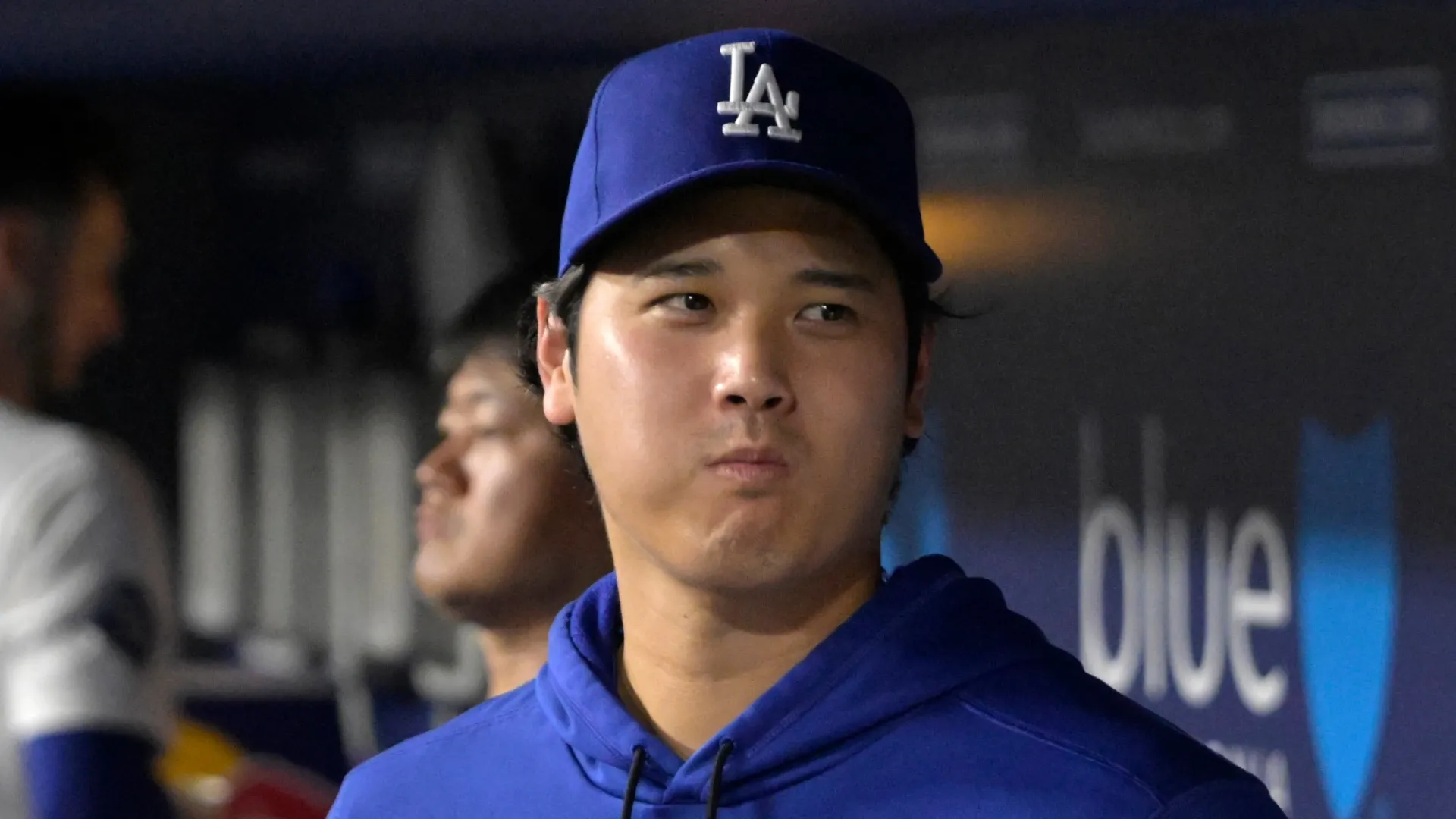 Shohei Ohtani #17 of the Los Angeles Dodgers in the dugout in the eighth inning against the Washington Nationals at Stadium on September 4, 2026 in Los Angeles, California.