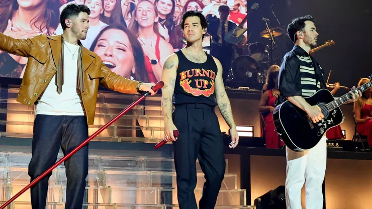 Nick Jonas, Joe Jonas, and Kevin Jonas perform onstage during Jonas Brothers: The Burning Up Tour All Over Again - New York