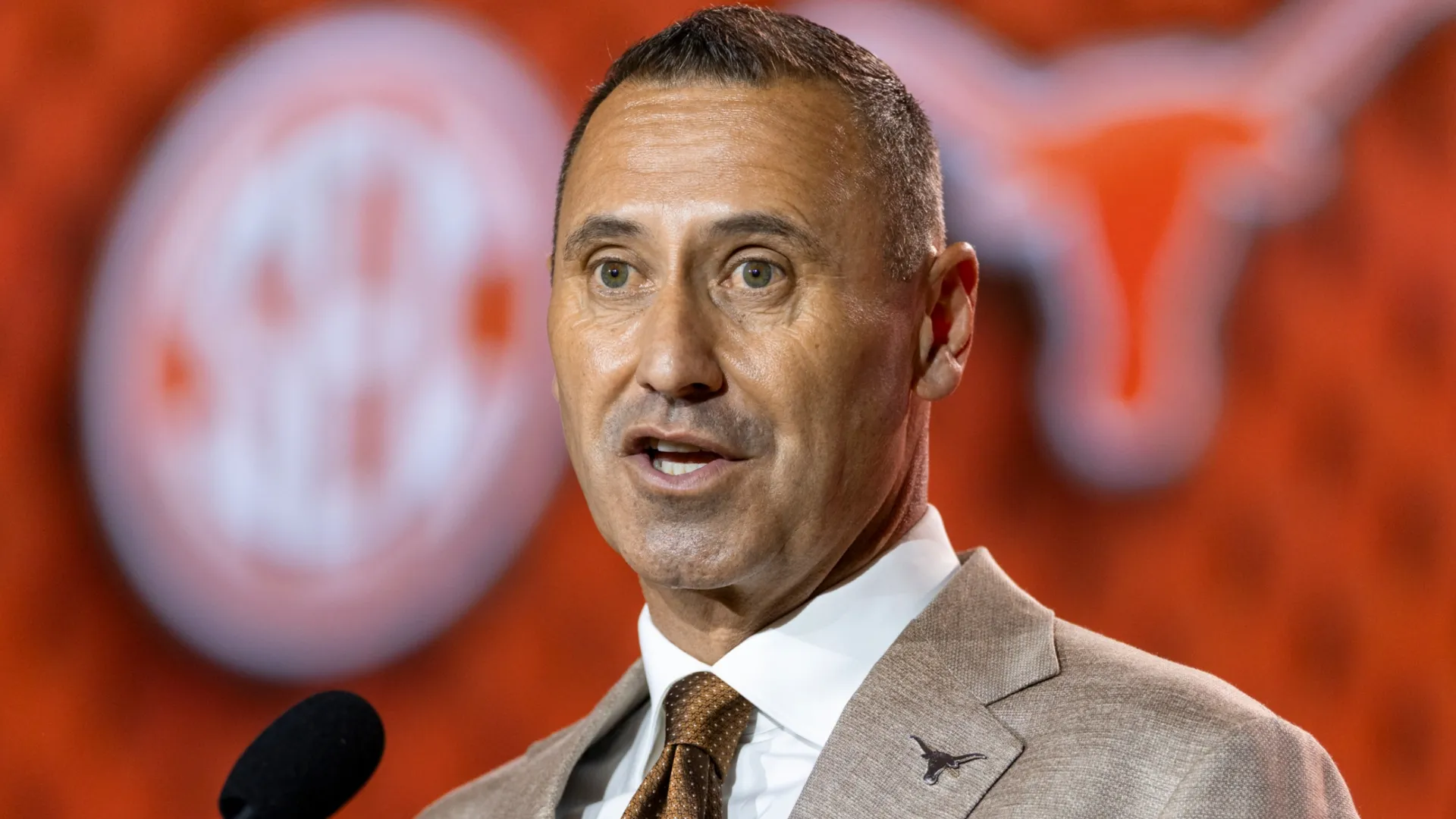 Steve Sarkisian of the Texas Longhorns speaks at SEC Football Kickoff Media Day at Tampa Marriott Water Street on July 23, 2026 in Tampa, Florida.