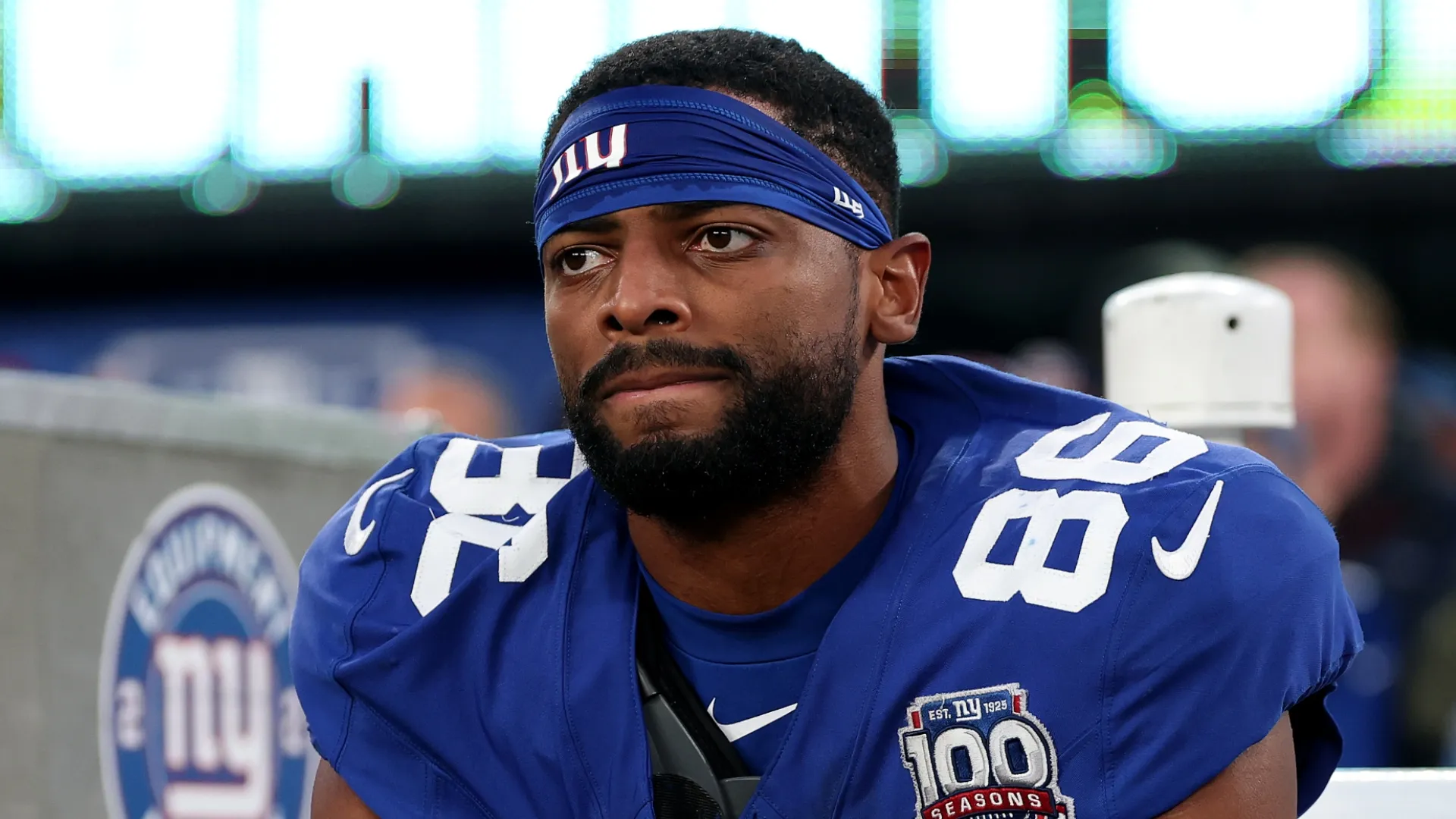 Darius Slayton #86 of the New York Giants reacts to the loss to the New Orleans Saints at MetLife Stadium on December 08, 2024 in East Rutherford, New Jersey.