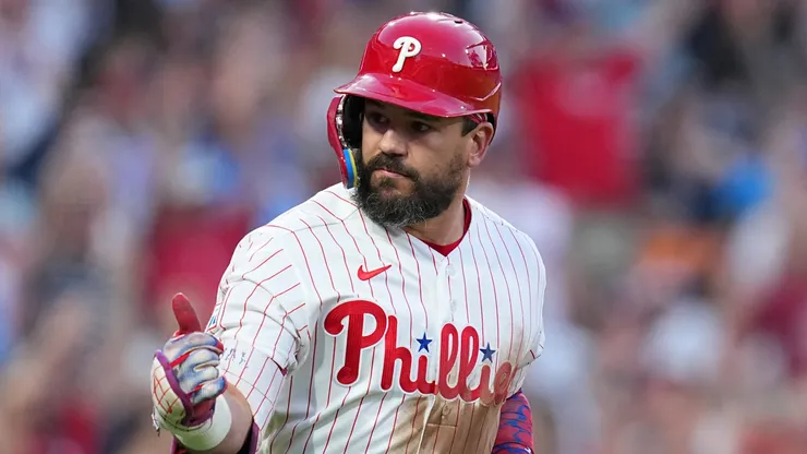Kyle Schwarber #12 of the Philadelphia Phillies reacts.