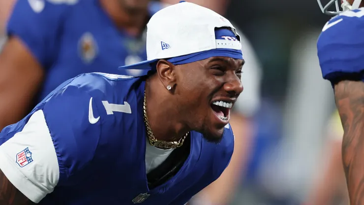 Malik Nabers #1 of the New York Giants celebrates.