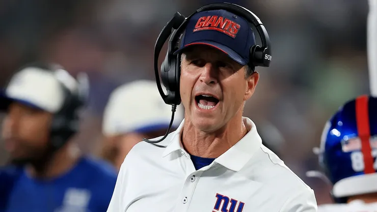 Head coach John Harbaugh of the New York Giants reacts from the sideline.