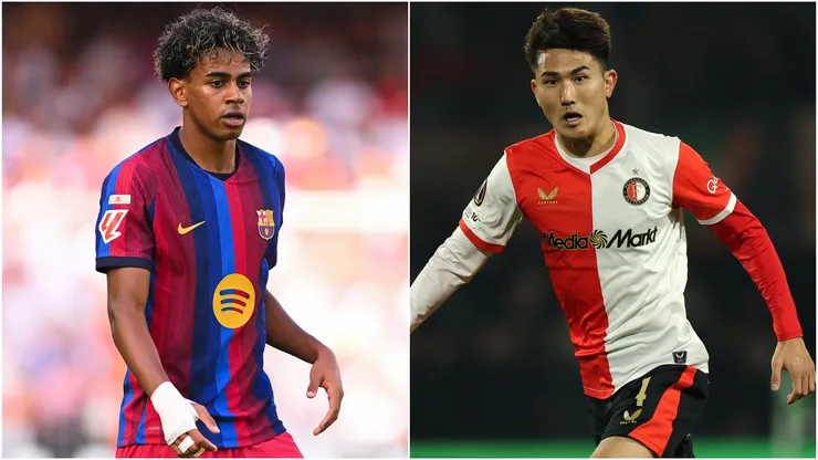 Lamine Yamal of Barcelona and Tsuyoshi Watanabe of Feyenoord