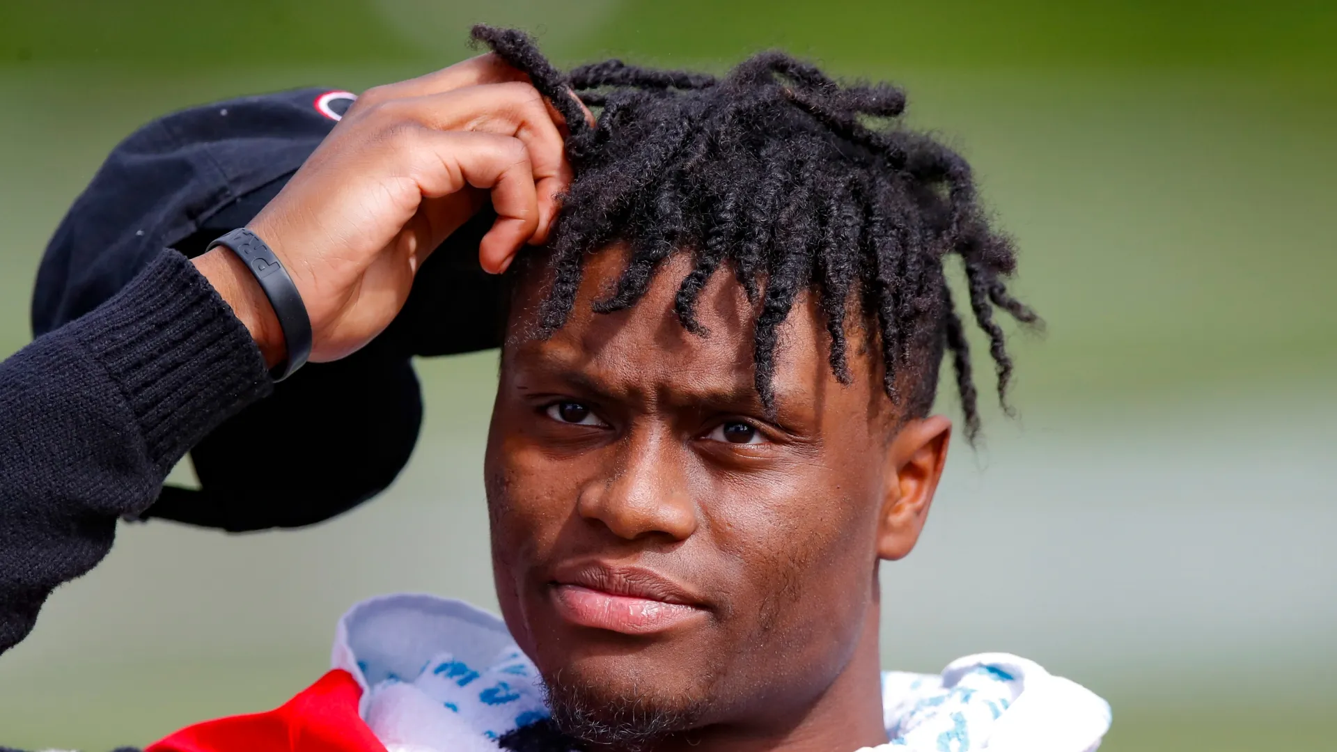 Wide receiver George Pickens #1 of the Georgia Bulldogs leaves the field at the conclusion of the G-Day spring game at Sanford Stadium on April 17, 2021 in Athens, Georgia.