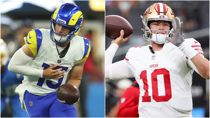 Ty Simpson #15 of the Los Angeles Rams and Mac Jones #10 of the San Francisco 49ers