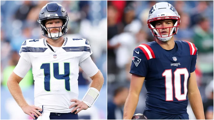Sam Darnold #14 of the Seattle Seahawks and Drake Maye #10 of the New England Patriots