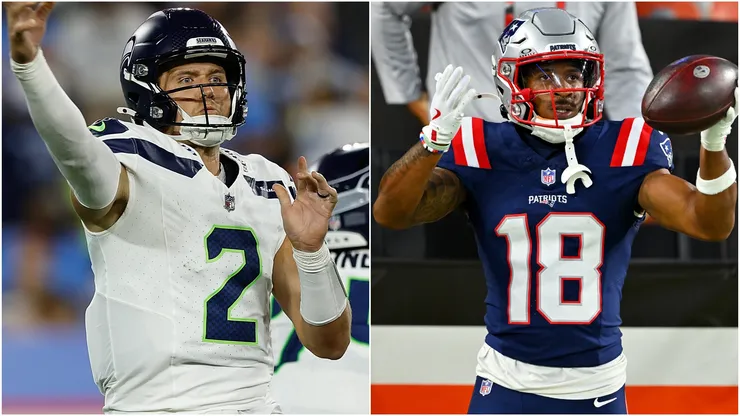 Drew Lock #2 of the Seattle Seahawks and Kyle Williams #18 of the New England Patriots