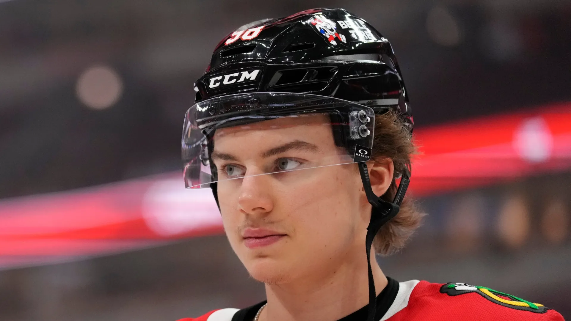 Connor Bedard #98 of the Chicago Blackhawks warms up before a game against the Buffalo Sabres at the United Center on October 19, 2024 in Chicago, Illinois.
