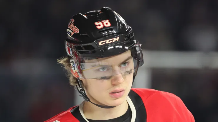 Connor Bedard #98 of the Chicago Blackhawks at Wrigley Field.