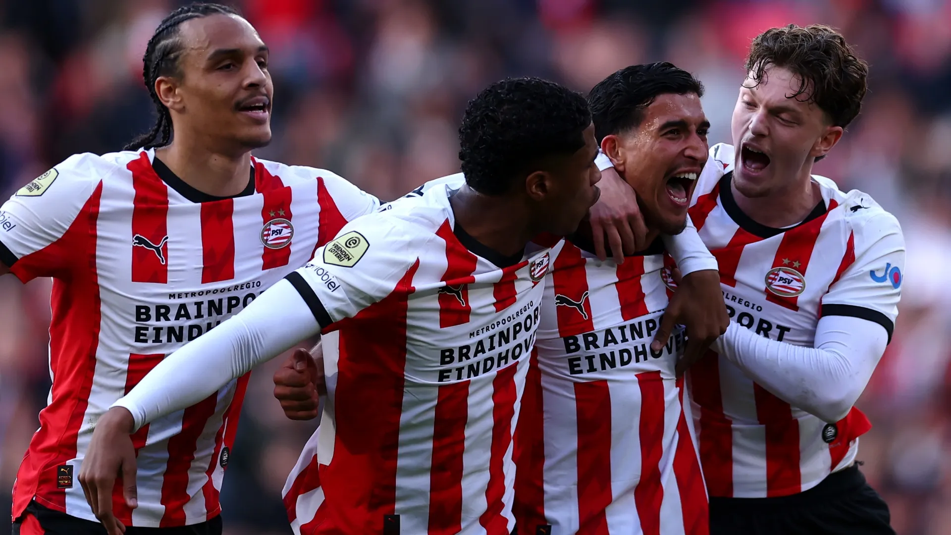 Couhaib Driouech of PSV with teammates during the Eredivisie match (Source: Dean Mouhtaropoulos/Getty Images)