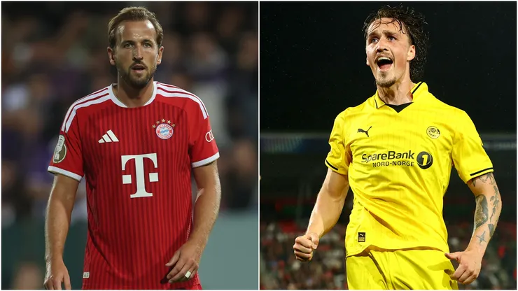 Harry Kane of Bayern Munich and Andreas Helmersen of FK Bodo/Glimt
