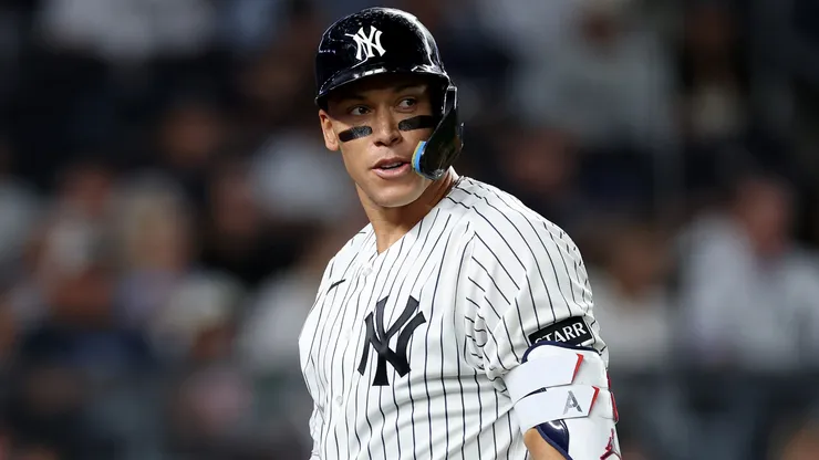 Aaron Judge #99 of the New York Yankees reacts after striking out in the sixth inning.