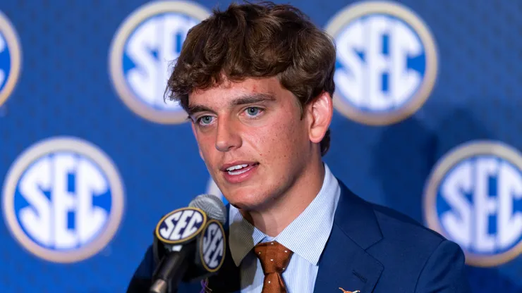 Quarterback Arch Manning #16 of the Texas Longhorns speaks at SEC Football Kickoff Media Day.