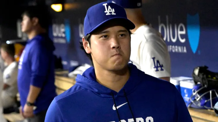Shohei Ohtani #17 of the Los Angeles Dodgers in the dugout.