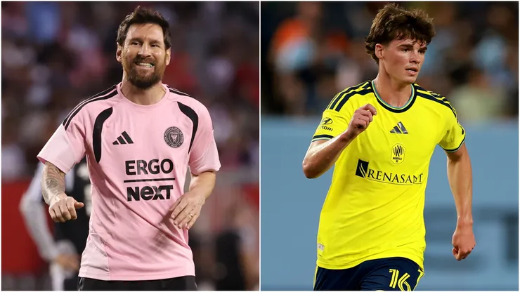 Lionel Messi #10 of Inter Miami and Matthew Corcoran #16 of the Nashville SC