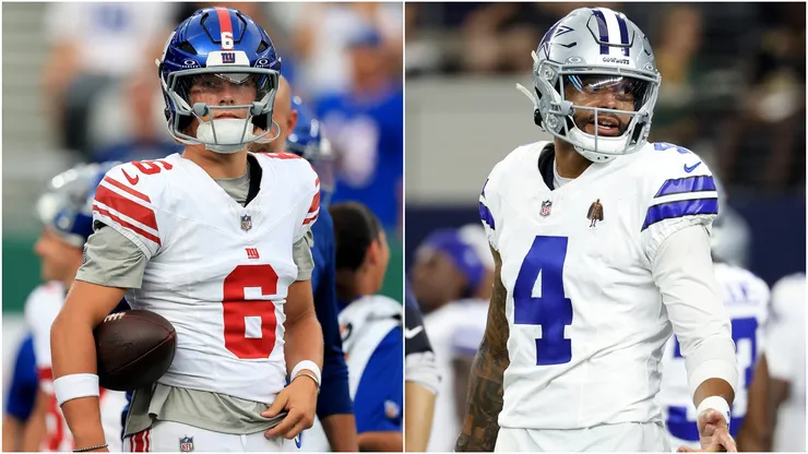 Jaxson Dart #6 of the New York Giants and Dak Prescott #4 of the Dallas Cowboys