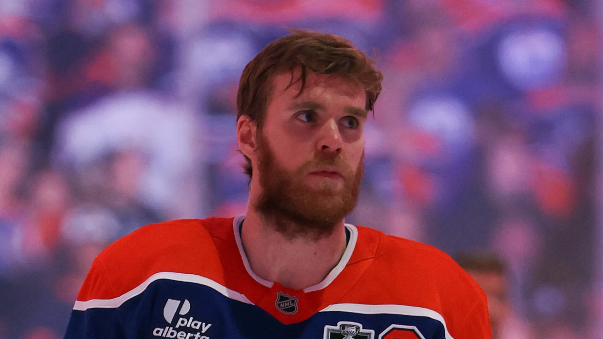 Connor McDavid #97 of the Edmonton Oilers looks on before a game against the Florida Panthers in Game Five of the 2025 Stanley Cup Final at Rogers Place on June 14, 2025 in Edmonton, Alberta, Canada.