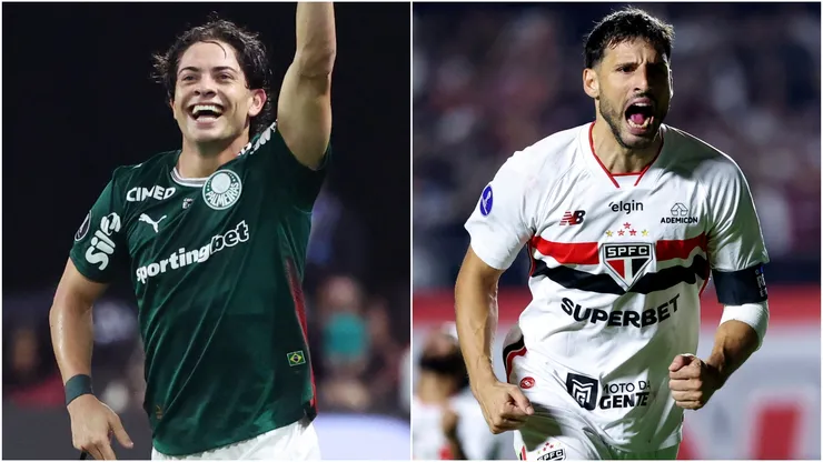 Agustin Giay of Palmeiras and Jonathan Calleri of Sao Paulo