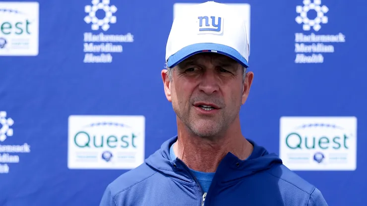 Head Coach John Harbaugh of the New York Giants speaks with media.