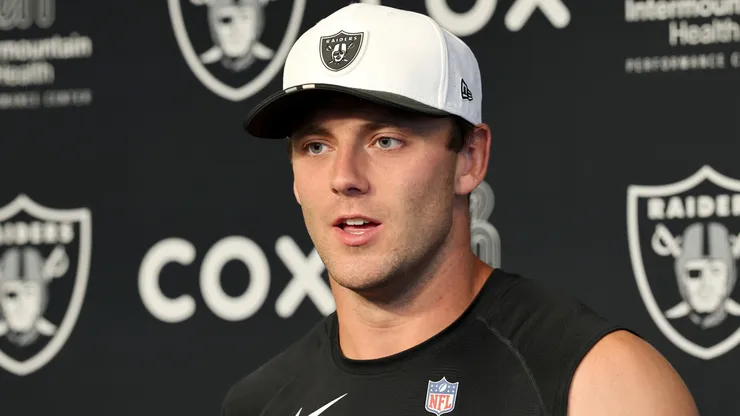 Brock Bowers #89 of the Las Vegas Raiders attends a news conference.