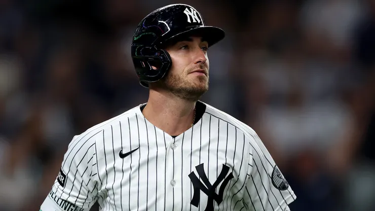 Cody Bellinger #35 of the New York Yankees watches his three run home run.