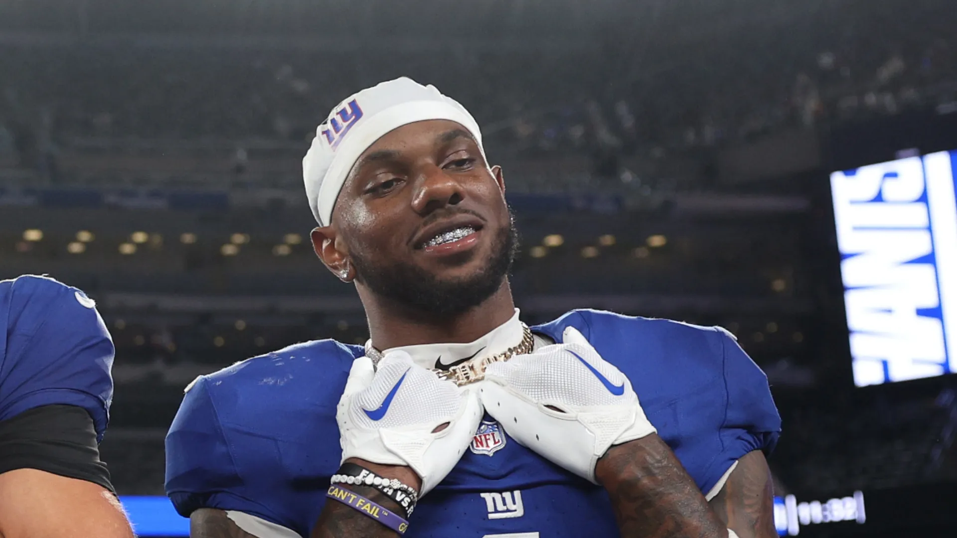 Malik Nabers #1 of the New York Giants pose for a photo after the game against the Dallas Cowboys at MetLife Stadium on September 13, 2026 in East Rutherford, New Jersey.