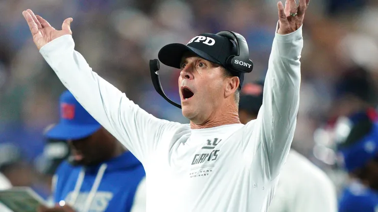 Head coach John Harbaugh of the New York Giants reacts during the second quarter.