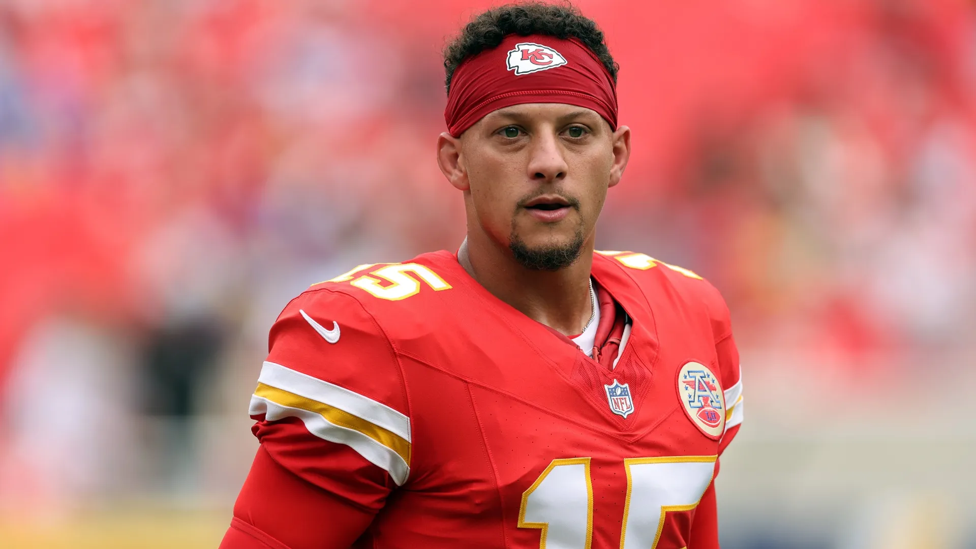 Patrick Mahomes #15 of the Kansas City Chiefs during warm-ups prior to the preseason game (Source: Jamie Squire/Getty Images)