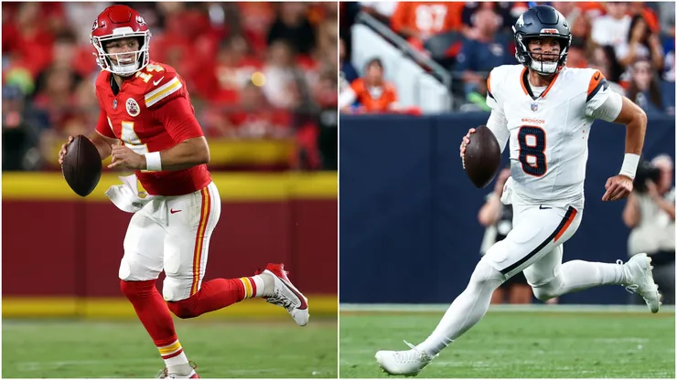 Garrett Nussmeier #14 of the Kansas City Chiefs and Jarrett Stidham #8 of the Denver Broncos