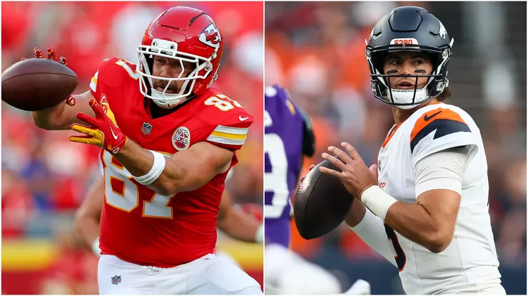 Travis Kelce #87 of the Kansas City Chiefs and Jarrett Stidham #8 of the Denver Broncos