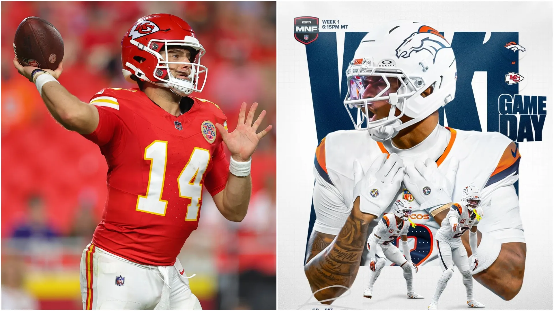 Garrett Nussmeier #14 of the Kansas City Chiefs and the Denver Broncos (Source: David Eulitt/Getty Images and @Broncos)