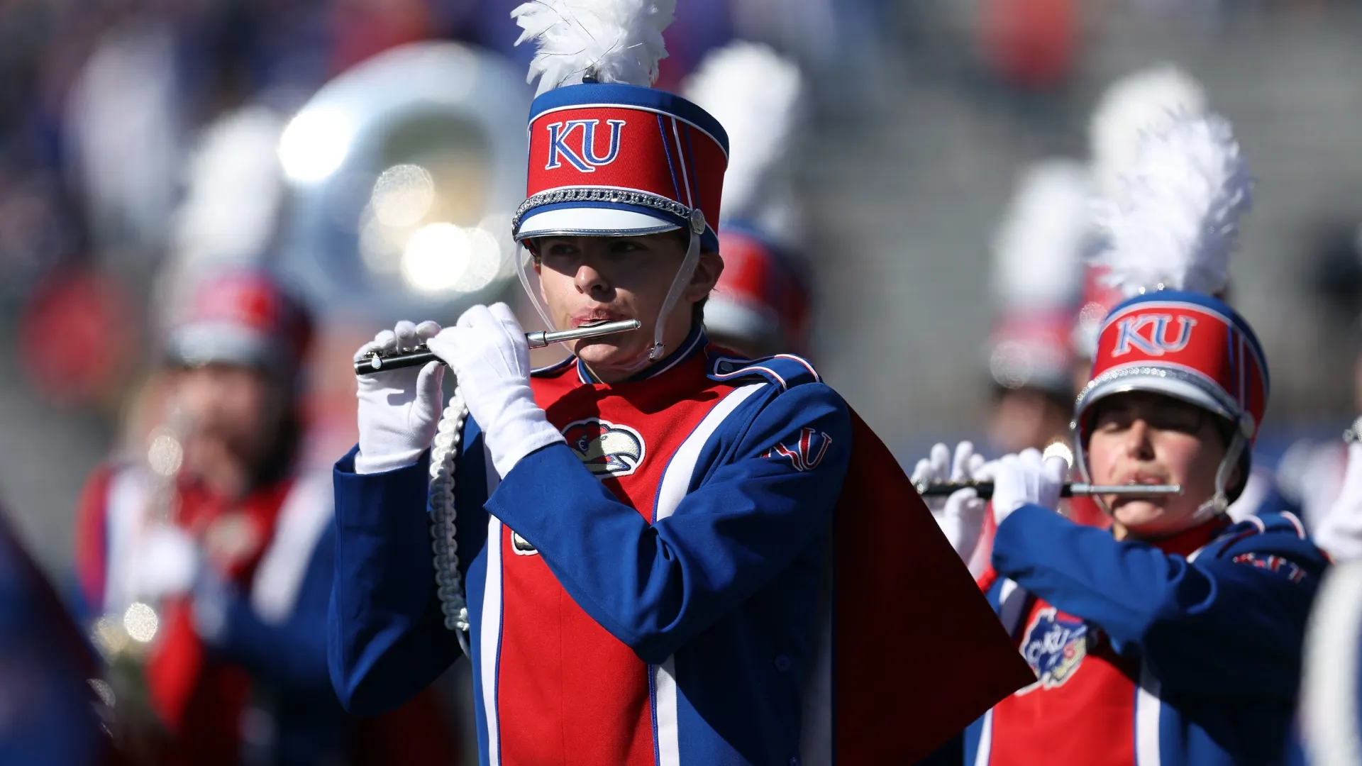 Members of the University of Kansas marching band perform prior to a game (Source: Jamie Squire/Getty Images)