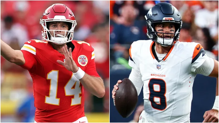 Garrett Nussmeier #14 of the Kansas City Chiefs and Jarrett Stidham #8 of the Denver Broncos