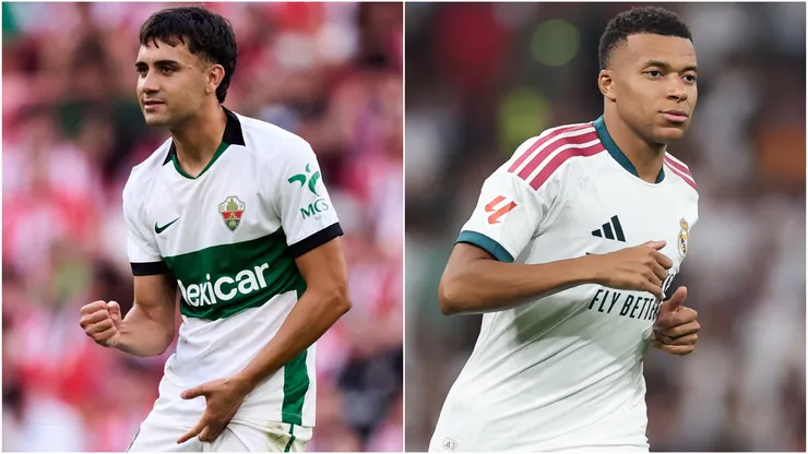 Facundo Buonanotte of Elche CF and Kylian Mbappe of Real Madrid