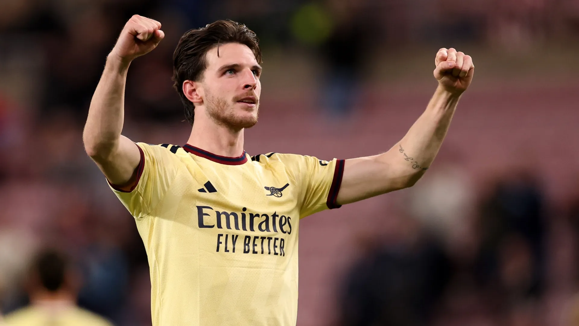 Declan Rice of Arsenal celebrates during the Premier League 2026/27 match (Source: Stu Forster/Getty Images)