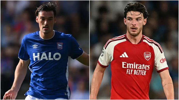 Jacob Greaves of Ipswich Town and Declan Rice of Arsenal
