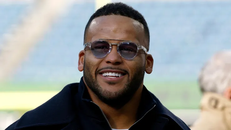 Los Angeles Rams player Aaron Donald looks on prior to a game.