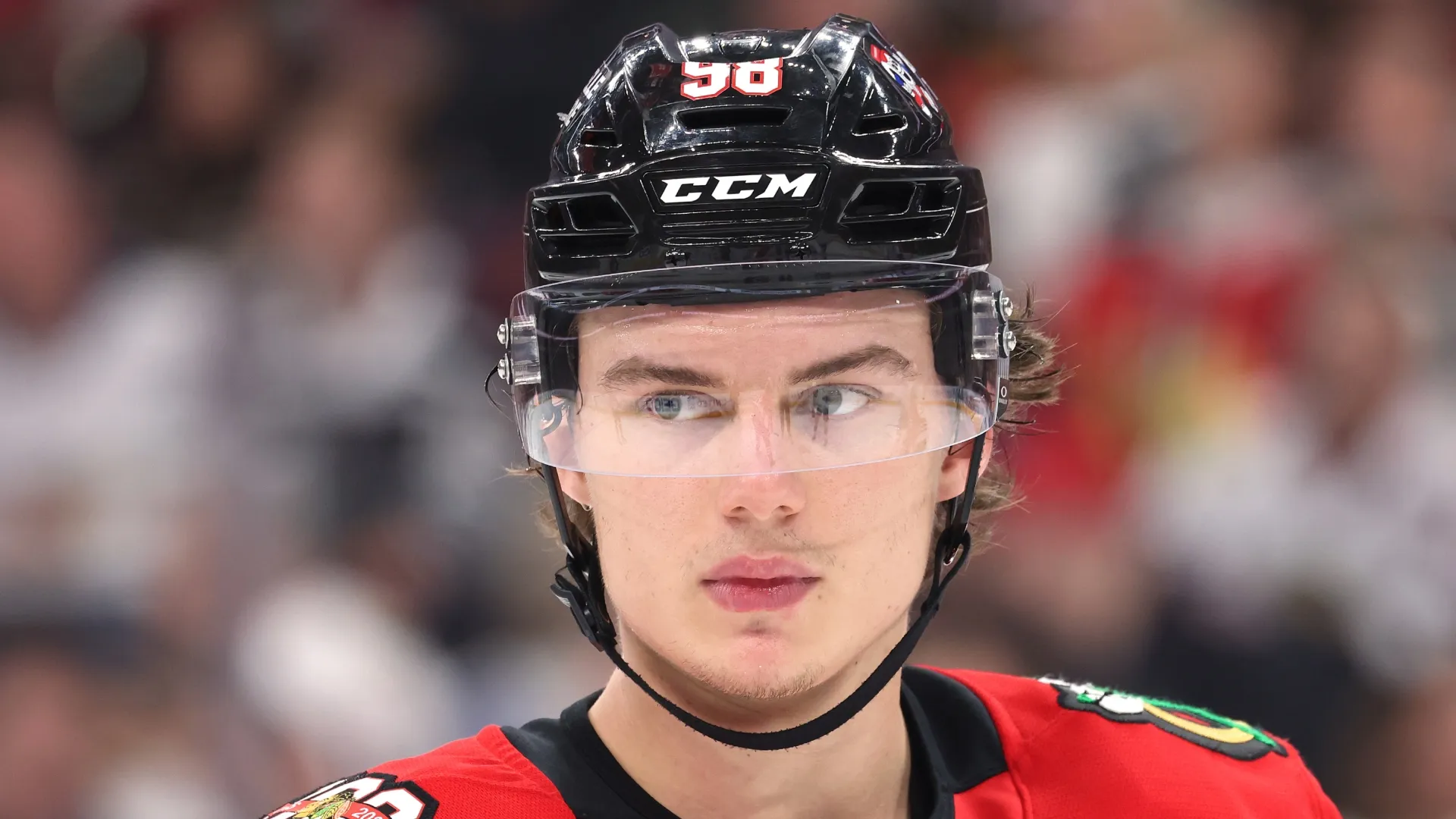 Connor Bedard #98 of the Chicago Blackhawks looks on against the Vancouver Canucks during the second period at the United Center on March 06, 2026 in Chicago, Illinois.