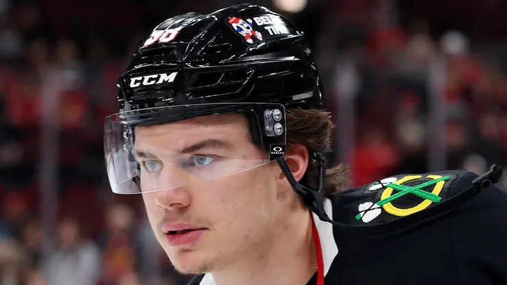 Connor Bedard #98 of the Chicago Blackhawks at United Center.
