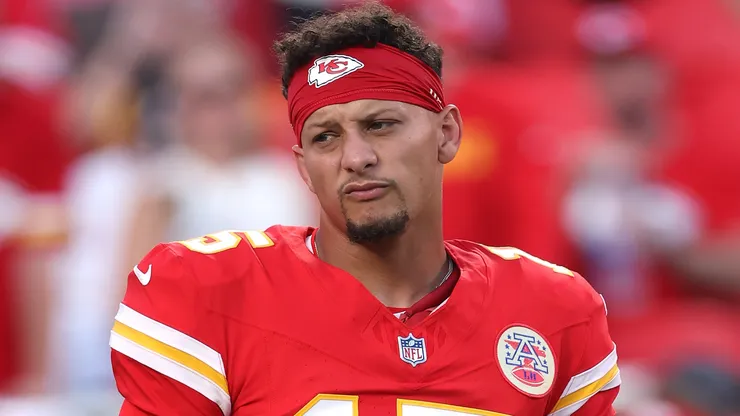 Patrick Mahomes #15 of the Kansas City Chiefs looks on prior to the game against the Denver Broncos.